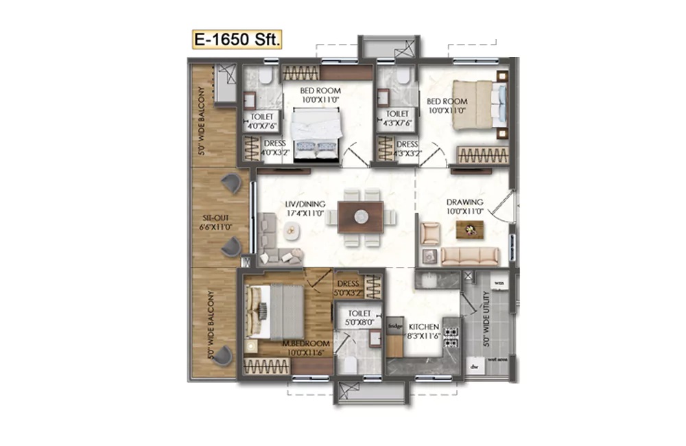3 BHK W-1640 Sft